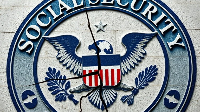 Cracked Social Security seal highlighting risks in retirement savings.