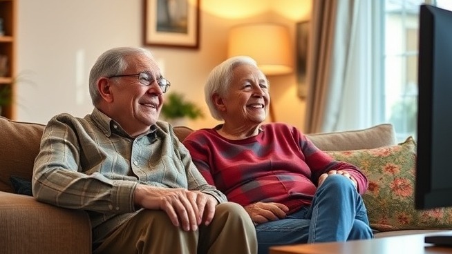 Elderly couple joyfully watching TV at home, showcasing home modifications for seniors.