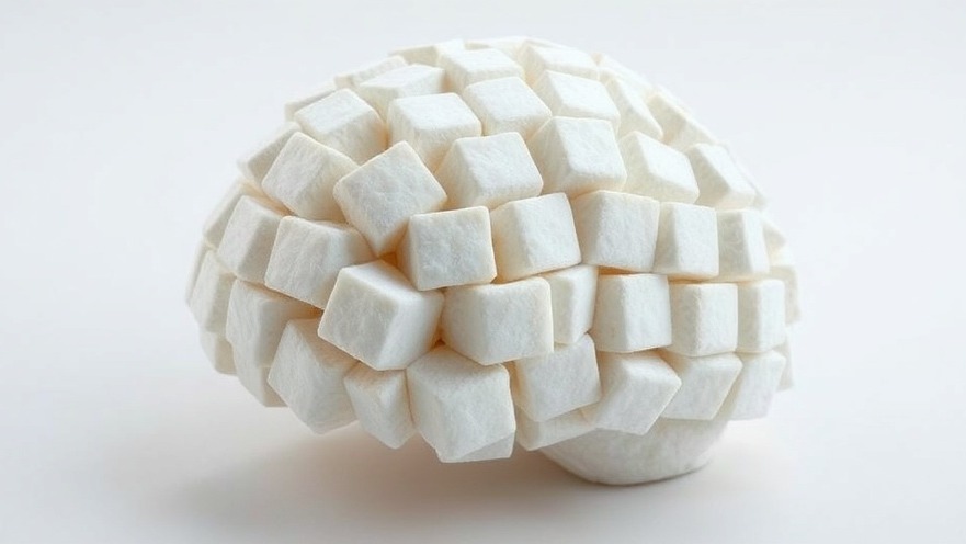 Photorealistic brain sculpture of sugar cubes highlighting glucose metabolism in dementia.