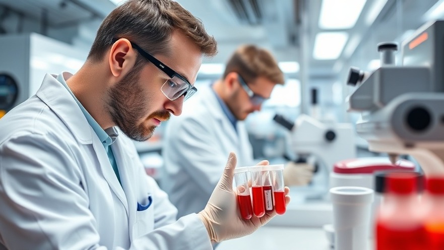Scientists analyze blood samples for early detection of Alzheimer's in a high-tech lab.