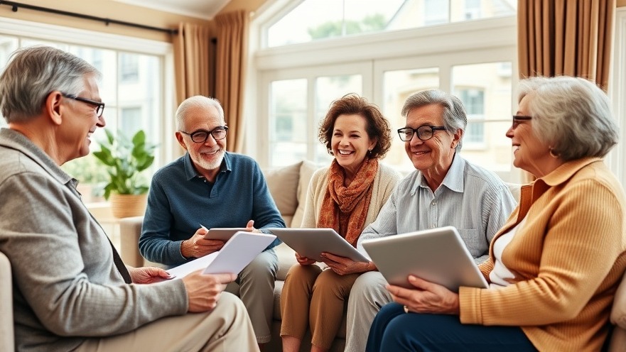 Diverse federal retirees discussing financial planning for retirement in a bright living room.