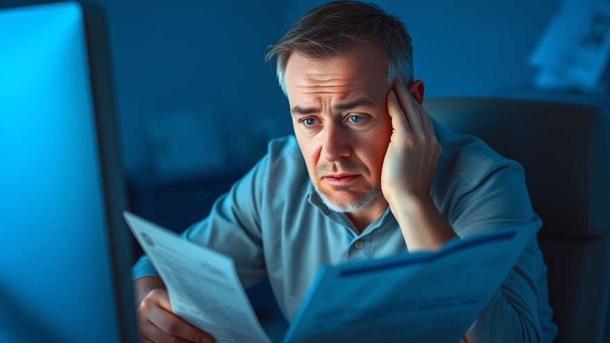 Worried man analyzing bills, highlighting financial planning for retirement mistakes.
