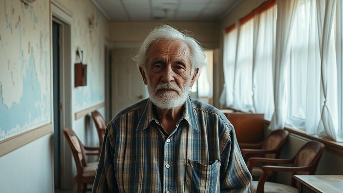 Elderly man in shabby nursing home, highlighting long-term care reform issues.