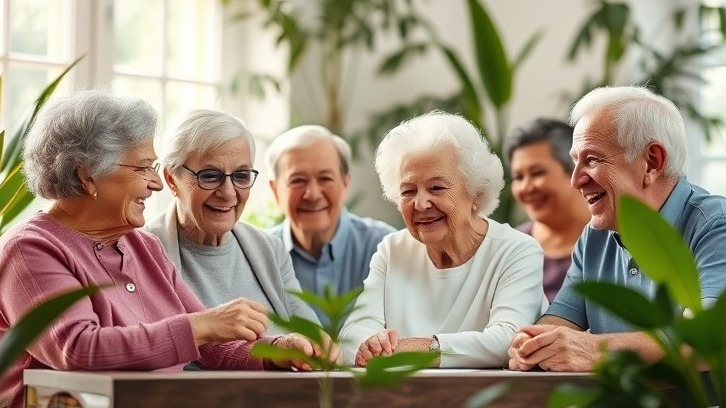 Elder care community scene showcasing joyful interactions among seniors, promoting aging services.