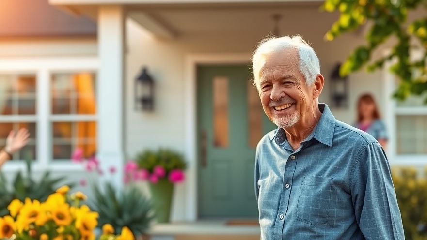 Older adult smiling in front of a home, embodying preventing homelessness through community supports.