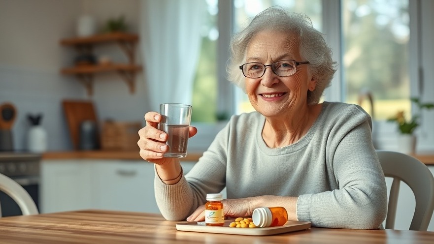 Elderly woman enjoying medication safety at home, holding water and pills.