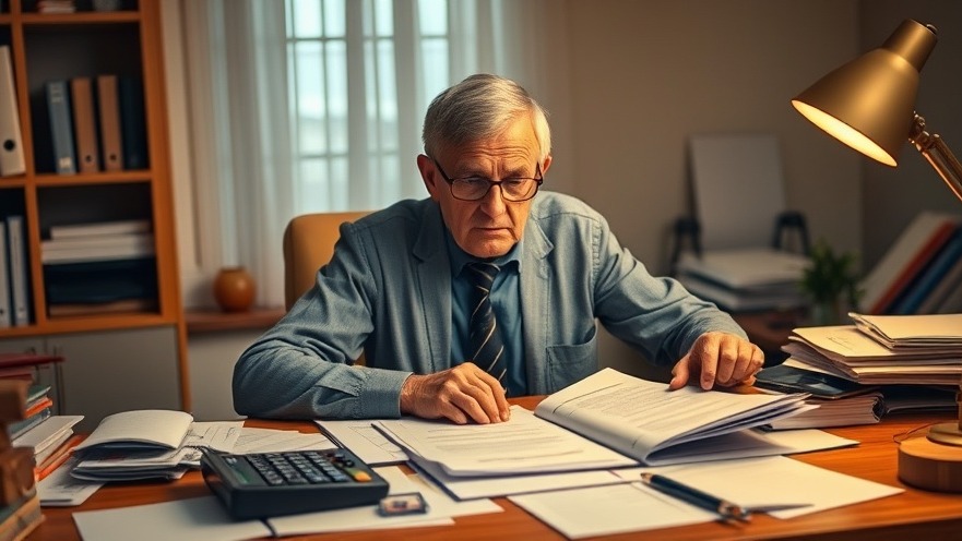 Concerned retiree analyzing financial security for retirees at a cluttered desk.