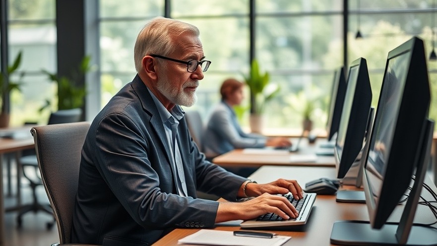 Older man embracing a career change in a modern office, highlighting ageism in the workplace.