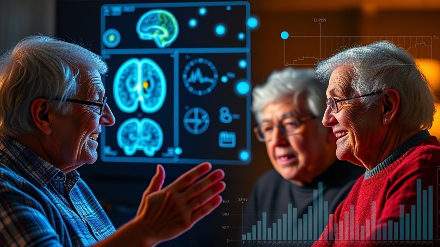 Emotionally engaged elderly individuals explore brain health research with vibrant colors.