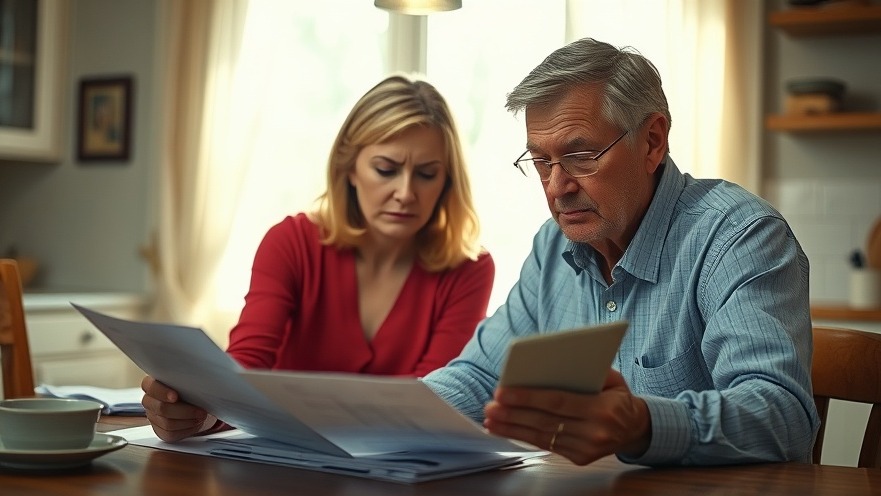 Worried couple reviewing financial documents, highlighting retirement security concerns.