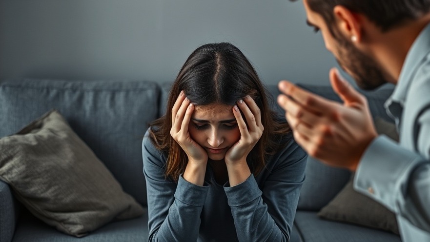 Distressed young woman practicing emotion regulation techniques amid tension.