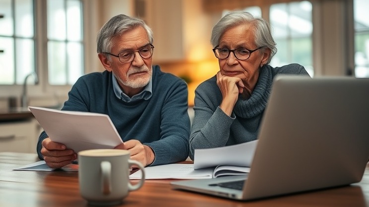 Couple discussing civil service protections and pension reforms at home.