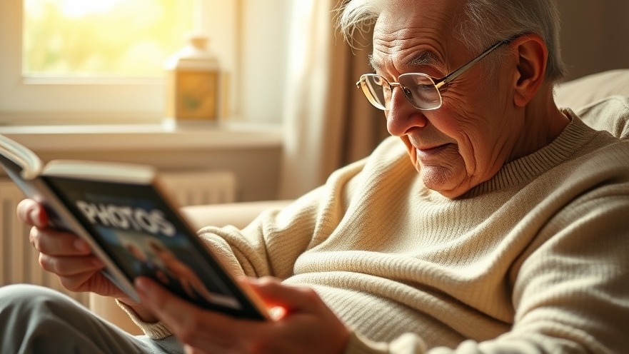 Elderly person with Alzheimer's reflecting on memories in a warm, sunlit scene.