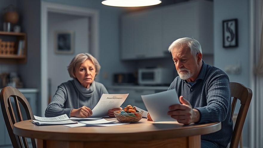 Older couple discussing Social Security updates amidst bills in warm kitchen light.