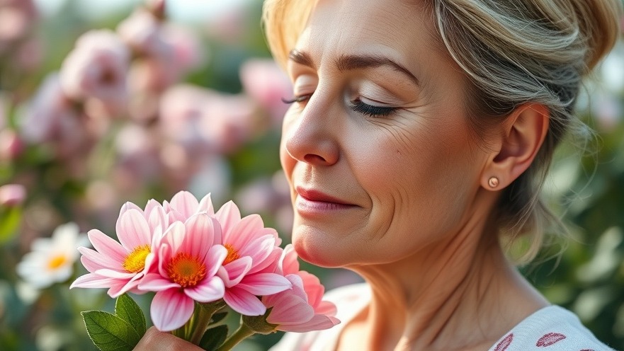 Woman enjoying a serene moment with fresh flowers, reflecting olfactory regeneration.