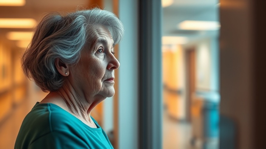 Contemplative older woman in hospital symbolizes healthcare market trends and patient volume decline.