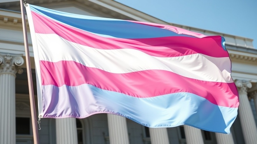 Majestic transgender pride flag waving by a classical building, symbolizing transgender health care.