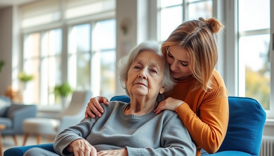 Caring younger woman comforts elderly lady in chair, sunlight streaming through window; concept of Parkinson's disease and dementia.