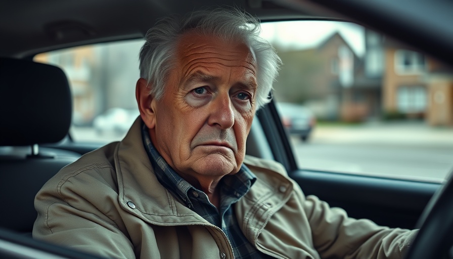 Elderly man sitting in a car, conveying reluctance about driving.