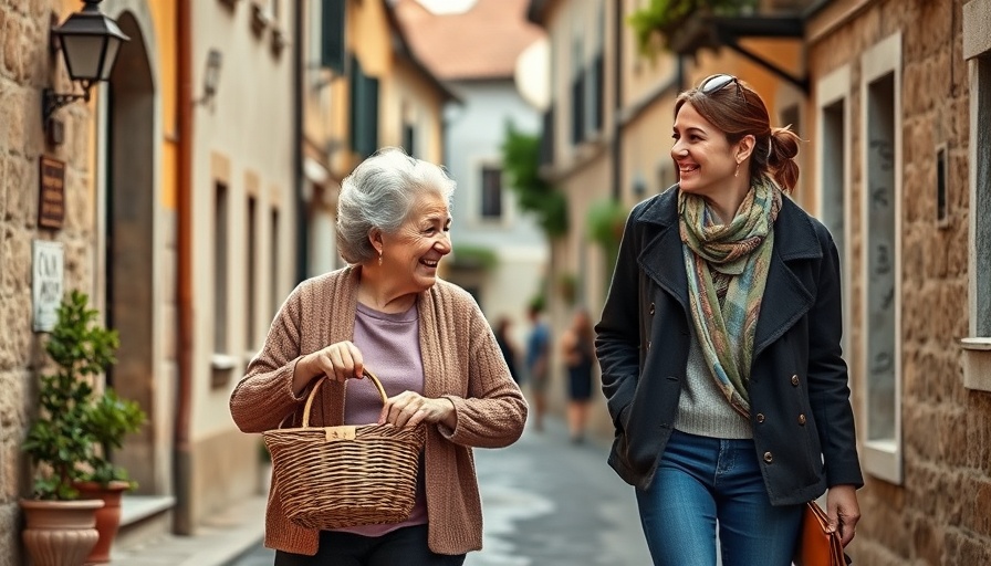 Support family caregivers theme with a smiling elderly woman and a young woman walking arm in arm.
