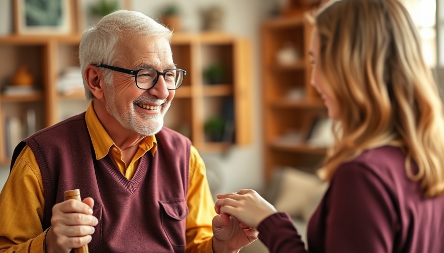 Elderly man and caregiver sharing a moment in a cozy room.