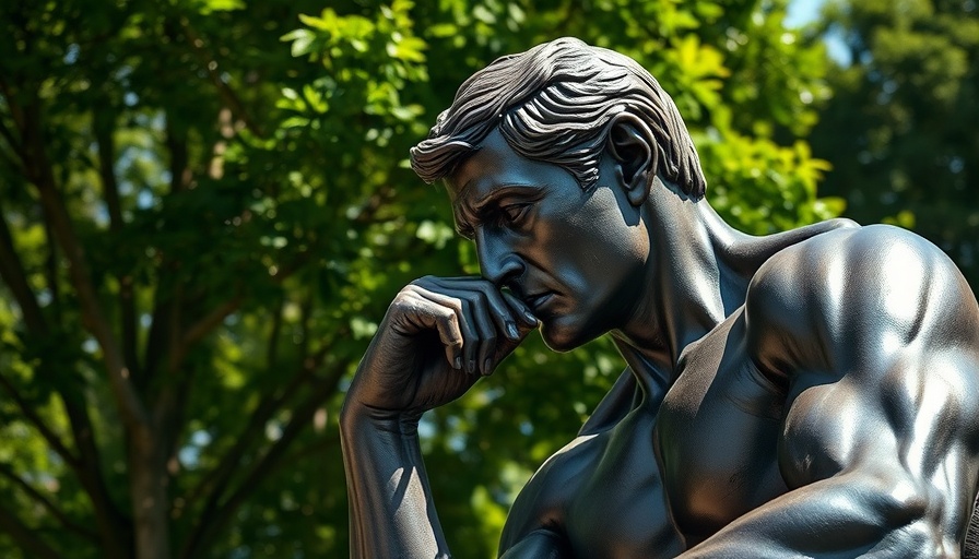 Bronze statue contemplating in nature, exploring relationships theme.