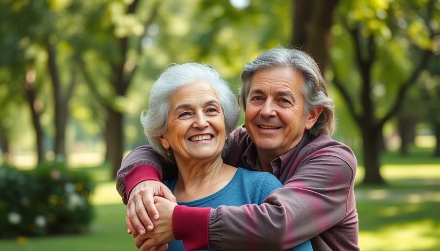 Impact of dementia on families: Caring embrace of adult male and older female outdoors.