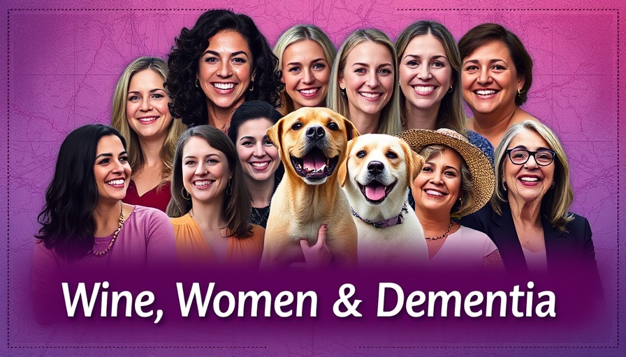 Collage highlighting Wine Women Dementia caregiving theme, colorful map.
