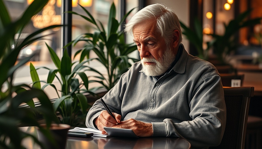 Elderly person updating will in cozy cafe setting.