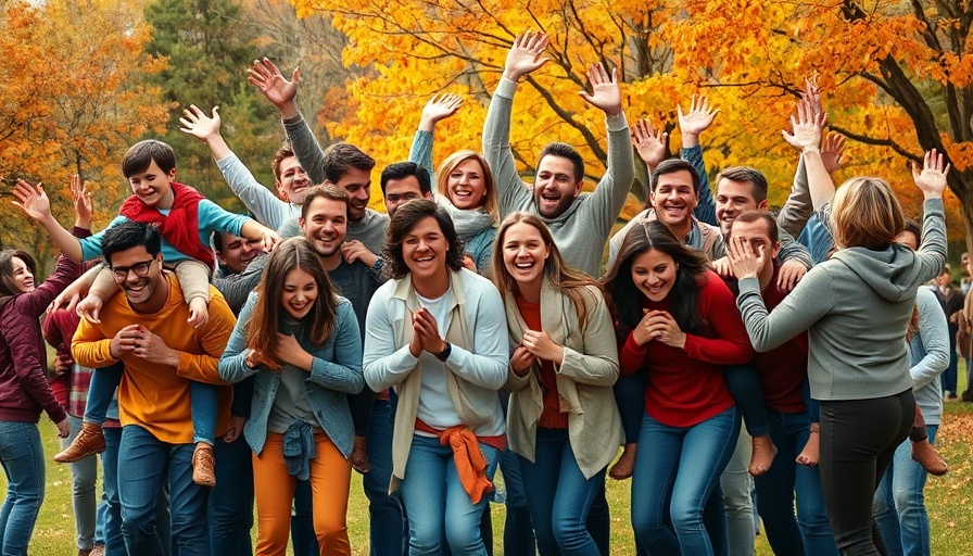 Large family enjoying piggyback rides in an autumn park.