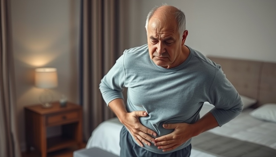Middle-aged man experiencing discomfort, related to emotional regulation and IBS symptoms.