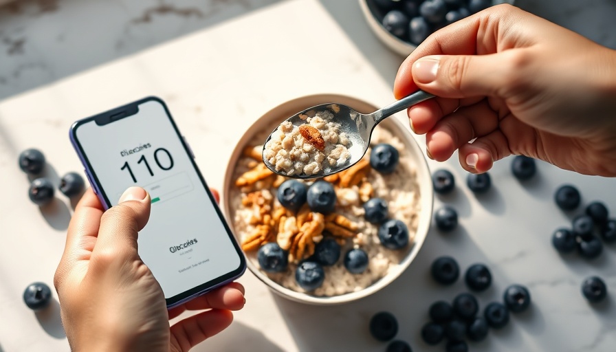 Over-the-counter CGMs app displaying glucose level next to healthy meal on marble.