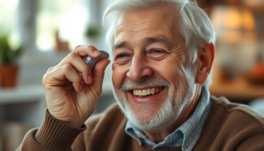 Happy elderly man adjusting hearing aid, emphasizing hearing loss and longevity