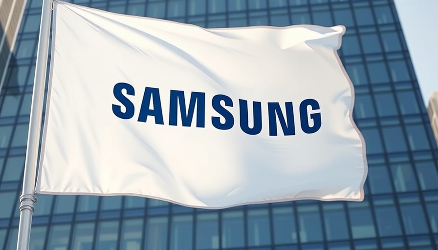 Samsung logo on a flag in front of a skyscraper, symbolizing digital health integration.