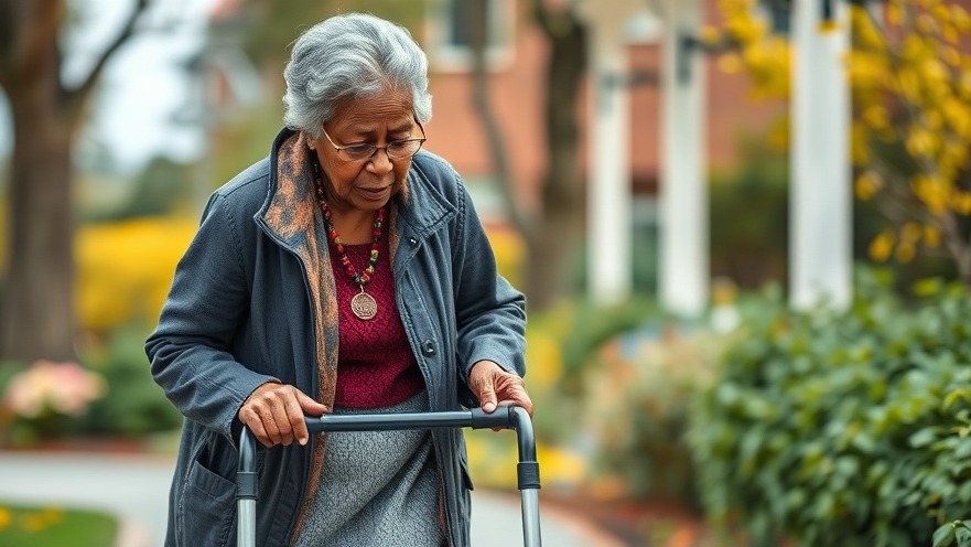 Elderly black woman using a walker for fall prevention and safety.