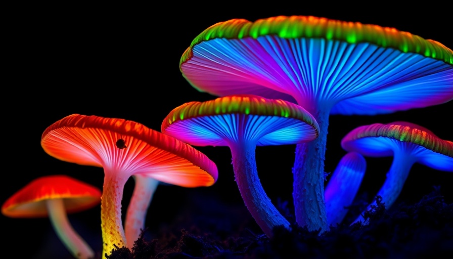 Bright neon-lit magic mushrooms for aging research.