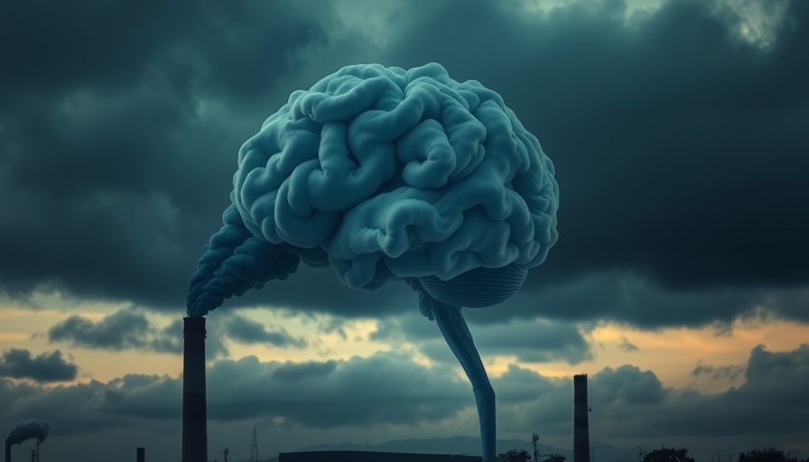 Pollution from smokestacks forming a brain, symbolizing air pollution and dementia risk.