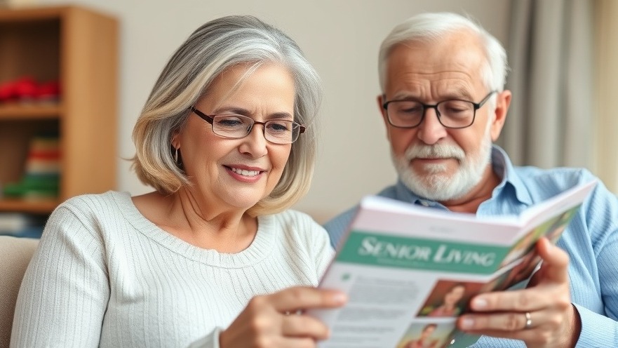 Middle-aged woman explores assisted living meanings with elderly man in brochure.