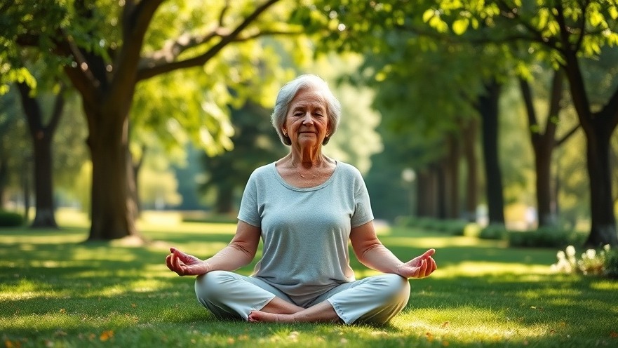 Calm older woman meditating outdoors, showcasing bladder management solutions for latchkey incontinence.