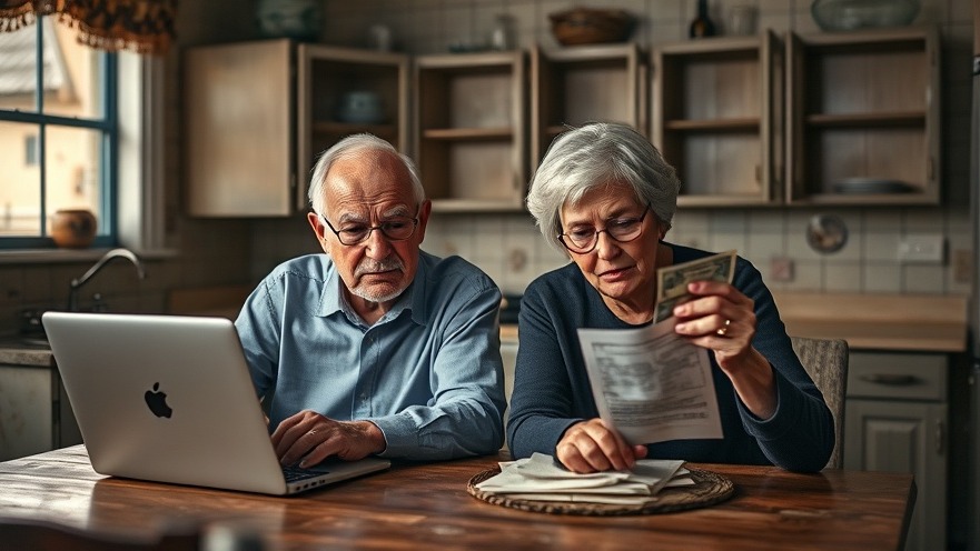 Elderly couple concerned about bills in a run-down kitchen, reflecting elder health policies.