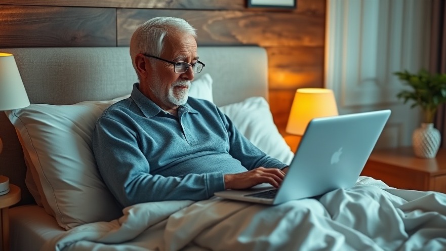 Older man in cozy bedroom having a telehealth session about controlled substances.