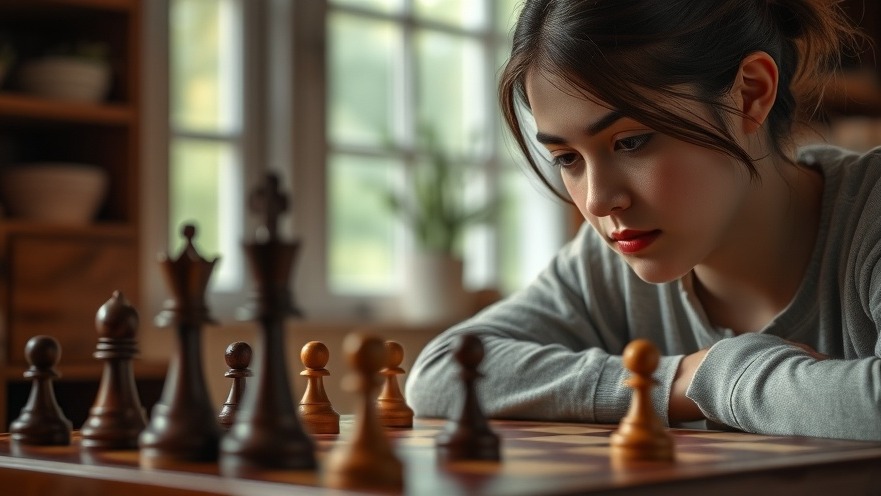 Focused young woman strategizing her inheritance management while playing chess.