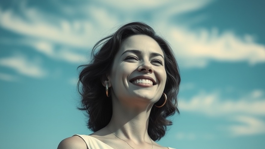 Vintage smiling woman under a serene blue sky, symbolizing caregiver stress management.