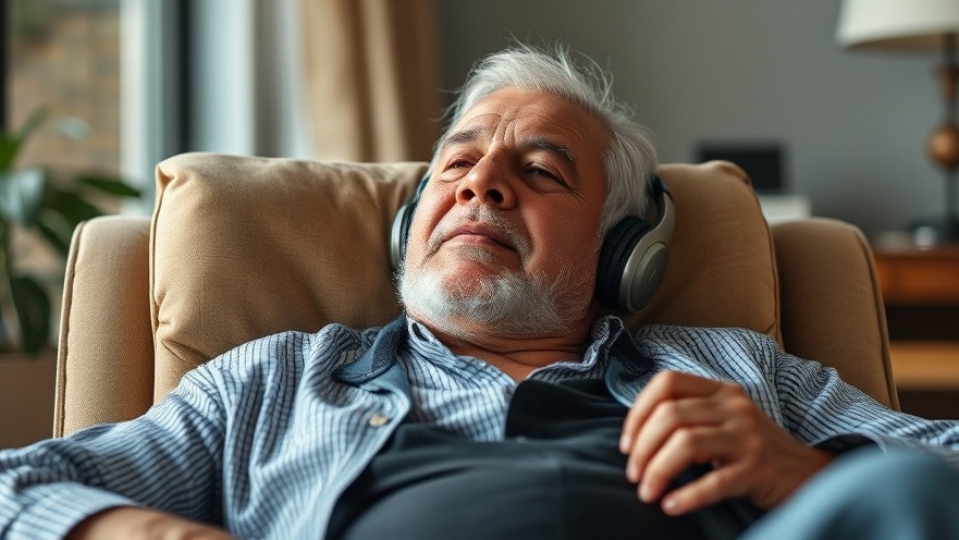 Older Hispanic man enjoying calming music in chair, enhancing sleep quality in older adults.