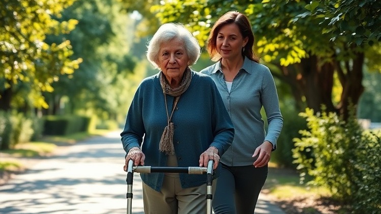 Elderly woman with gray hair and caregiver support walking on a sunlit path, symbolizing holistic health and emotional wellbeing.