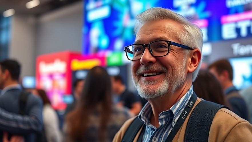 Smiling elderly Hispanic man with glasses at a tech conference for assistive devices for seniors.