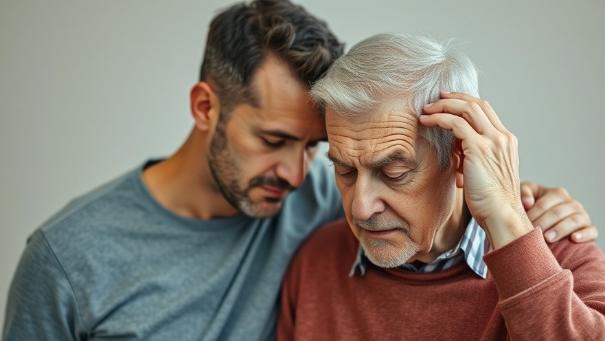 Middle-aged man supports elderly man with Alzheimer's, highlighting dementia care.