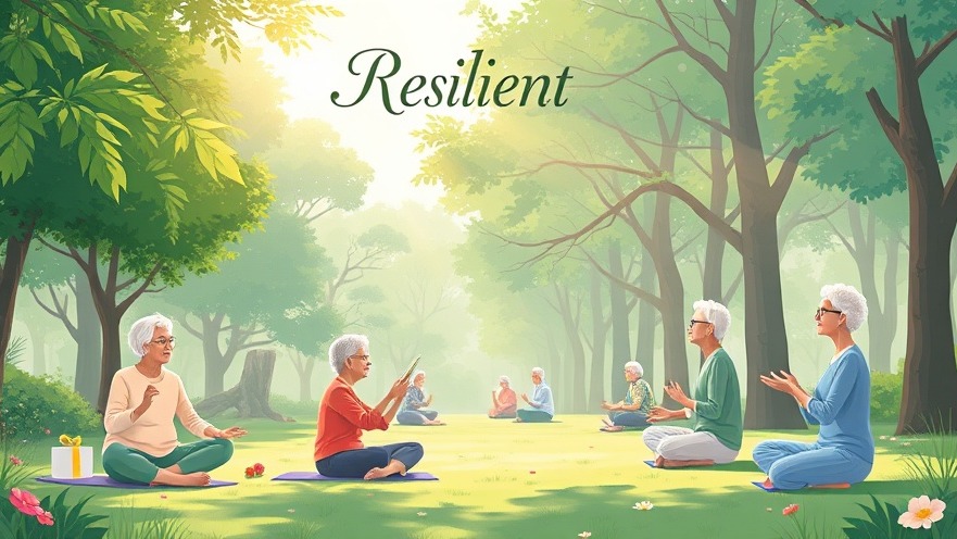 Seniors practicing yoga and meditation in a serene park, promoting resilience in older adults.