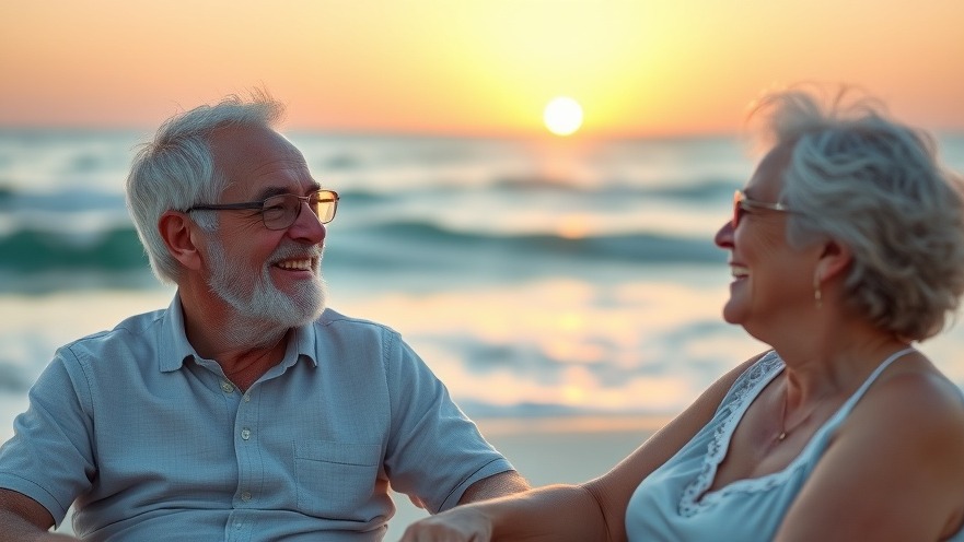 Retired couple enjoying a sunset on the beach, embodying peaceful retirement living.