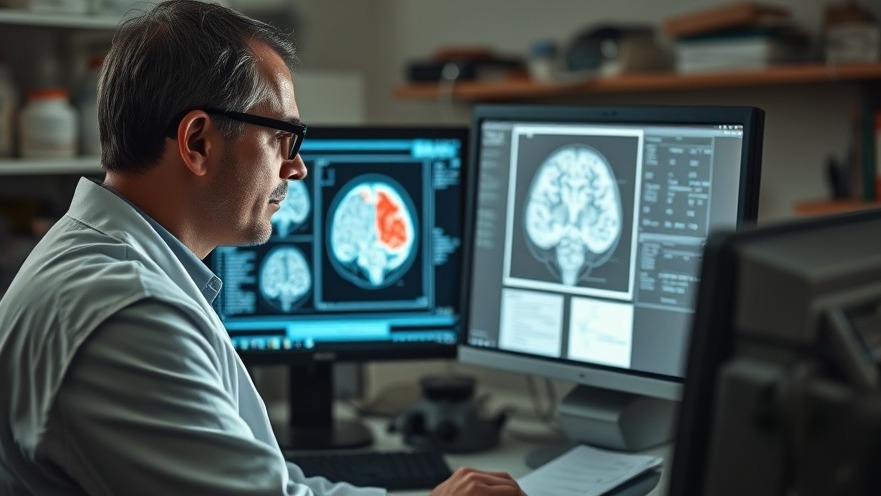 Researcher analyzing brain scan for Alzheimer's disease treatment in a lab.